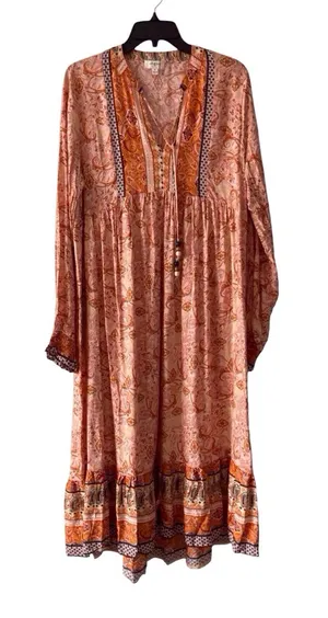Umgee Boho Paisley Maxi Dress Long Sleeve Tassel Tie V-Neck Size M thumbnail 1