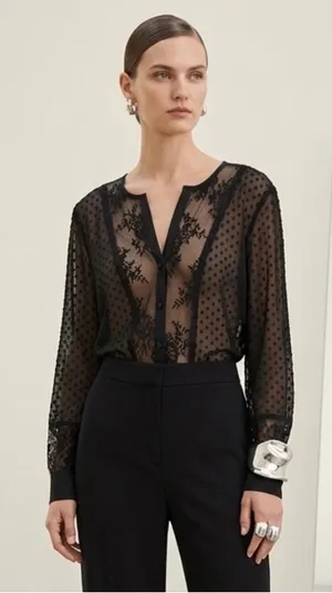 Ann Taylor Black Swiss Dot Lace Sheer Blouse Size Large V-Neck Button Front thumbnail 1