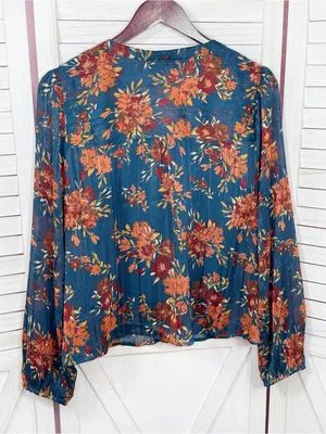 Frye Floral Metallic Jacquard Sheer Blouse Teal Blue Burnt Orange Large Boho thumbnail 8
