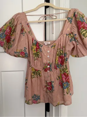 Love the label Rosette Babydoll Blouse Floral Peplum Top‎ Pink Anthropologie thumbnail 3