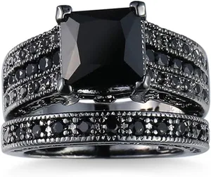 Women's Black Cubic Zirconia Silver Plated Rhinestone Wedding Ring & Band 8.5 thumbnail 2