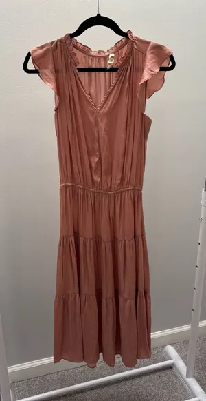 Grade & Gather Dusty Rose V-Neck Flutter Sleeve Tiered Midi Dress thumbnail 1
