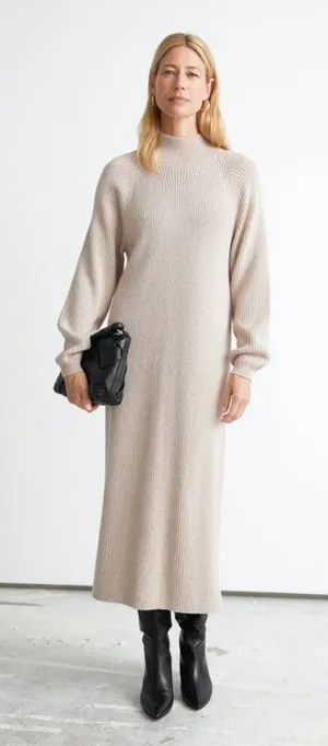 & Other Stories | Mock Neck Ribbed Knit Wool Blend Midi Dress in Oatmeal Tan‎ thumbnail 1
