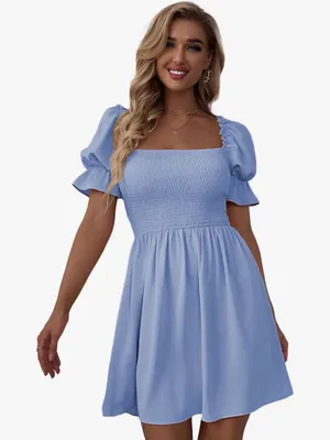 Elegant Light Blue Smocked Dress Size L thumbnail 1