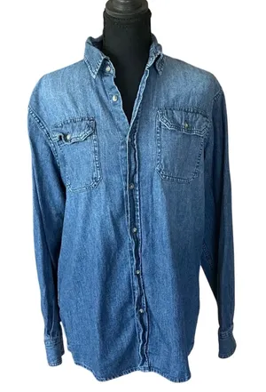 Wrangler Authentics Vintage Denim Button Down Shirt Medium Wash Blue Small‎ thumbnail 1