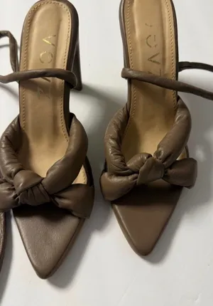 ZAGA Handcrafted Brown Leather Lace-Up Puffy Knot Strappy Heels - Size 38 thumbnail 1