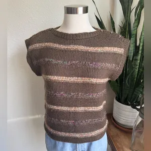 Vintage Joyce Taiwan‎ Knit Sweater Vest Brown Striped Button Shoulder M thumbnail 7