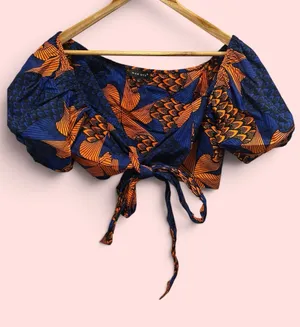 Cute cotton puff sleeve African ankara crop top tie wrap closure Mae Otti thumbnail 1