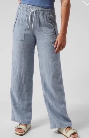 Athleta Womens Chambray Blue Cabo Linen Wide Leg Coastal Beach Travel Pants‎ 0 thumbnail 1