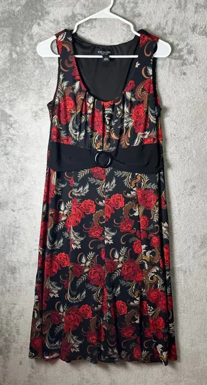 Floral Midi Dress Dark Romantic Cottagecore Vintage Inspired‎ Red Rose Flowy LG thumbnail 1