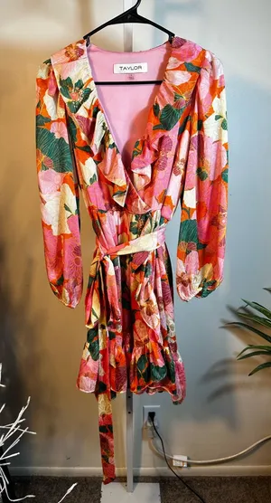 P376. Taylor Pink Floral Wrap Dress with Green Leaf Accents thumbnail 1