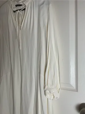 Zara ZW Collection Oyster White V-Neck Tie Front Long Sleeve Midi Dress Large thumbnail 7