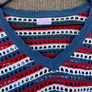 Pink Lily red, white, and blue striped crochet knit sweater top women’s Sz L thumbnail 3