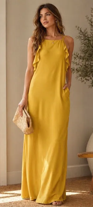 Forever 21 Contemporary Mustard Yellow Maxi Dress Ruffle Summer Wedding Guest thumbnail 1