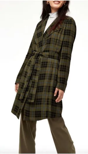 Babaton Aritzia Quincy Jacket Olive Green Plaid XS Tie Belt thumbnail 1