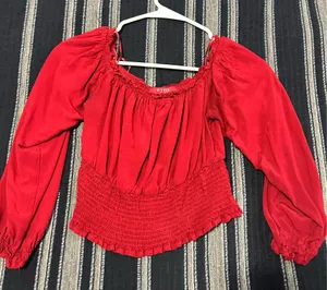 GUESS Red Smocked Long Sleeve Peasant Blouse – Size S thumbnail 1