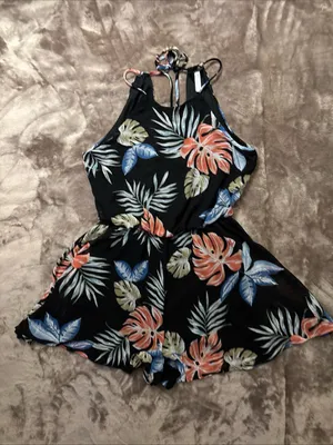 Final Touch Romper Women’s Size S Black with Coral and Blue Leaf Accents thumbnail 6