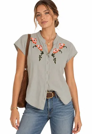 Bogari Button Down Top Womens L Cream Linen Floral Embroidered Boho Southwestern thumbnail 1