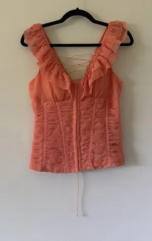 Vintage Y2K Sherbet Orange & pink Coral Corset Top Smocked Ruffle Blouse Large thumbnail 1