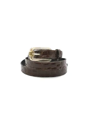 Brown Croc Embossed Vegan Leather Belt -18 Western Y2K Retro Silver Gold Buckle thumbnail 3