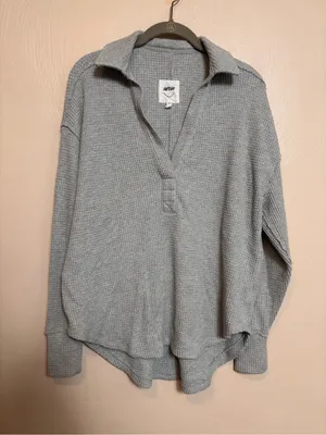 Aerie Women’s Shirt Top Waffle V Neck Oversized Heather Gray Cotton Blend XXS thumbnail 1