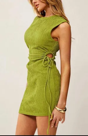 Essnce Drawstring Side Solid Tank Dress Green Size L thumbnail 3