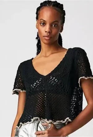 Free People Black Open-Knit V-Neck Crochet Top thumbnail 1