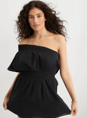 Aerie‎ Black One Shoulder Mini Dress Sz S Boho Ruffle Festival Coastal Beach thumbnail 1