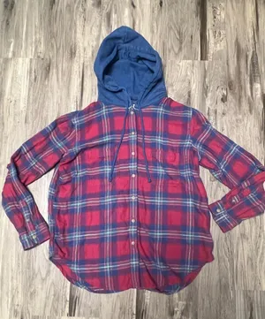 American Eagle Outfitters Distressed Hooded Plaid Flannel Shirt Women Size Small thumbnail 1