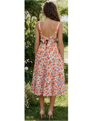 Boutique Floral Garden Party Midi Dress Tie Back Ruffle Hem Cotton Size Medium thumbnail 3