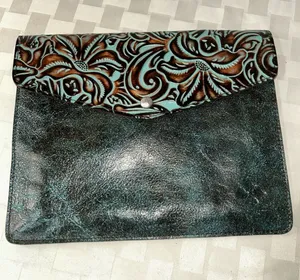 Patricia Nash Turquoise & Brown Tooled Leather Envelope Clutch thumbnail 1