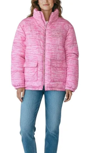 ASSHOLES LIVE FOREVER Tiger Camo Embroidery Puffer Jacket Sz M Pink Rare City thumbnail 1