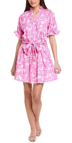 Kourt Women Preppy Mini Dress XL Pink White Floral Spring Easter‎ Lined Cotton thumbnail 1