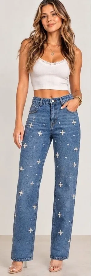 NWT Pearl Beaded Star Embellished Straight Leg Denim Jeans Sz 9 Medium Wash thumbnail 1