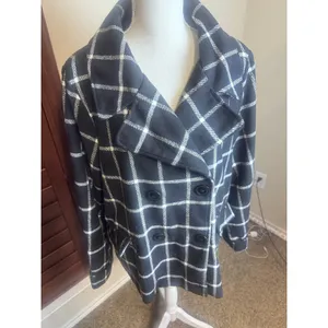 Larry Levine Womens Black White Windowpane Plaid Peacoat Double Breasted XL Coat thumbnail 2