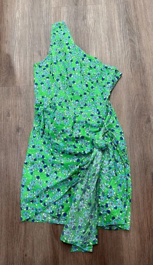 Hello Molly Green Floral One‎ Shoulder Cotton Sarong Mini Dress US 4 S 334 thumbnail 1