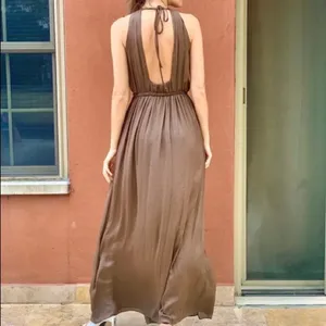 Zara Empire Waist Brown Satin Open Back Slit Maxi Dress Size XS thumbnail 13