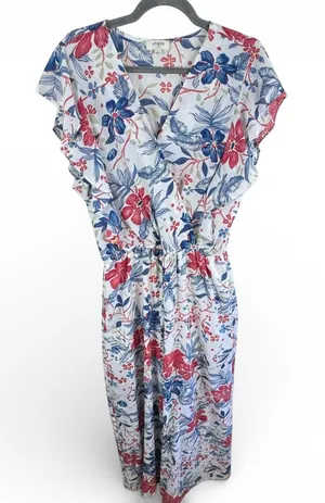 Umgee Tropical Hawaiian‎ Floral Jumpsuit Red Blue White Ruffled Straight Leg L thumbnail 1