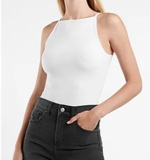 Express Women’s Square Neck Spaghetti Strap White Ribbed Bodysuit Size Large thumbnail 1
