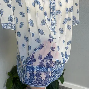 Max Studio White Blouse Floral Butterfly Short Sleeve Blouse Boho Coastal Casual thumbnail 4