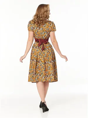 Timeless London 50's Caramel Brown Tropical Leaf Print Short Sleeve Pinup Dress thumbnail 3
