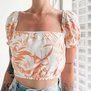 Abercrombie‎ & Fit Puff Sleeve Linen Crop Top Orange Cream Floral Preppy Cottage thumbnail 7