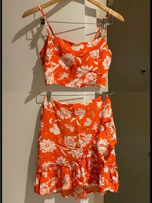 Free People Orange Floral set with tie-Back Cami Top and ruffled mini skirt, xs thumbnail 3