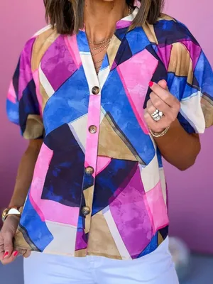 THML Pink Abstract Print V Neck Puff Sleeve Button Up Top Size Small thumbnail 1