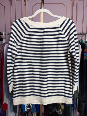 Lauren Ralph Lauren Navy Cream Striped Pullover Sweatshirt Drawstring Hem XS thumbnail 6