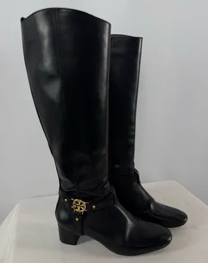 Vintage Y2K Tory Burch Leather Gold Logo Knee High Heeled Boots in Black Size‎ 7 thumbnail 1