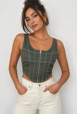 White Fox Olive Green Contrast Stitch Zip Front Corset Crop Top Size Small thumbnail 1