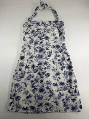 Coastal Linen Blend Halter Mini Dress Tropical‎ Toile Print Blue Ivory Womens M thumbnail 1