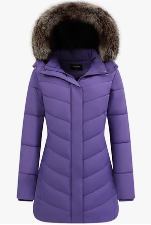 Women's Purple Quilted Down Coat with Faux Fur Hood thumbnail 1