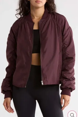 Z by Zella Womens Burgundy Ruched Sleeve Bomber Jacket Size L Full Zip Pocket thumbnail 1
